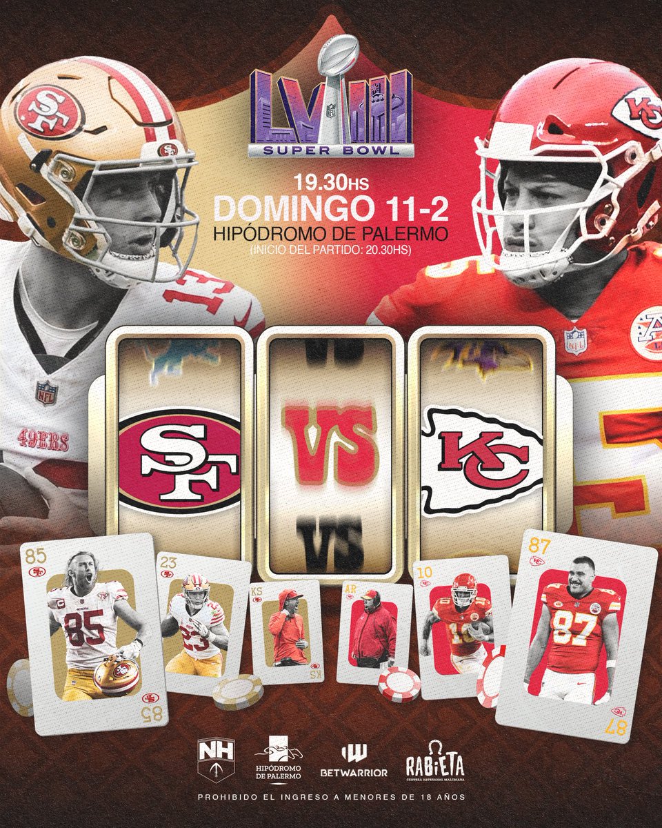 nflnohuddle's tweet photo. TENEMOS #SUPERBOWLLVIII 🏆🍻🍔

Viví el 49ers vs Chiefs junto a No Huddle en un espacio único, el BetWarrior Sport Bar del Hipódromo de Palermo (Av. Libertador 4101, CABA). 

Con tu entrada, vas a estar participando por distintos sorteos y podrás disfrutar de las siguientes variantes gastronómicas 🎟️⬇️

-Menú 1: Pulled Pork con batatas fritas + 1 cerveza tirada Rabieta o gaseosa
-Menú 2: Hamburguesa Americana acompañada de papas fritas+ 1 cerveza tirada rabieta o gaseosa
-Menú 3: Hamburguesa de calabaza acompañada de papas fritas + 1 cerveza tirada o gaseosa
Opción sin TACC: Papillote de pollo con vegetales y papa al natural + bebida

Escribinos al MD para conseguir tus entradas y no te pierdas el evento de #NFL más grande de Argentina. 📥🔥

Invitan @nflnohuddle @BetWarrior_Arg @HipodromoArgPal Cerveza Rabieta

*Prohibida la entrada a menores de 18 años 🔞