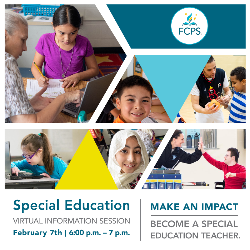 fcpsnews's tweet photo. Are you interested in a career as a special education teacher with FCPS? Join us on Wednesday, February 7th, for an informative virtual session to explore our diverse special education roles, licensure pathways, and the comprehensive support we offer teachers. Register today.
