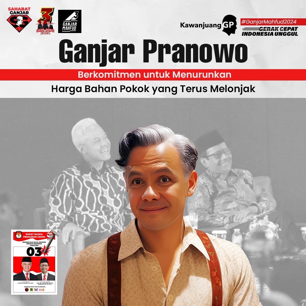 Ganjar Pranowo berkomitmen untuk menurunkan harga bahan pokok yang terus melonjak. 
#GanjarCiptakanKeadilan