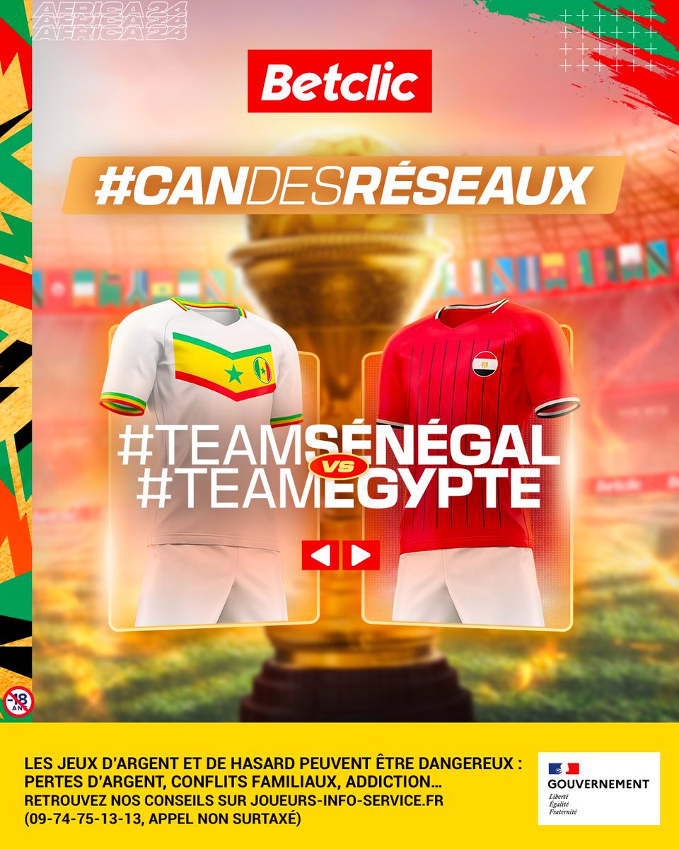 #TeamSénégal ou #TeamÉgypte ? 🗳️

⚡️ Duel entre éliminés de la CAN pour une place en finale de #CANdesRÉSEAUX 😭

👇 Bombarde le # de l'équipe que tu veux propulser en finale, 10 x 50€ de Freebets à gagner parmi l'équipe gagnante !