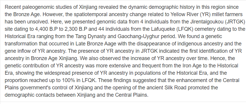 Ancient genomes reveal the temporal change of Yellow River millet farmers-related ancestry in Xinjiang

ngdc.cncb.ac.cn/bioproject/bro…