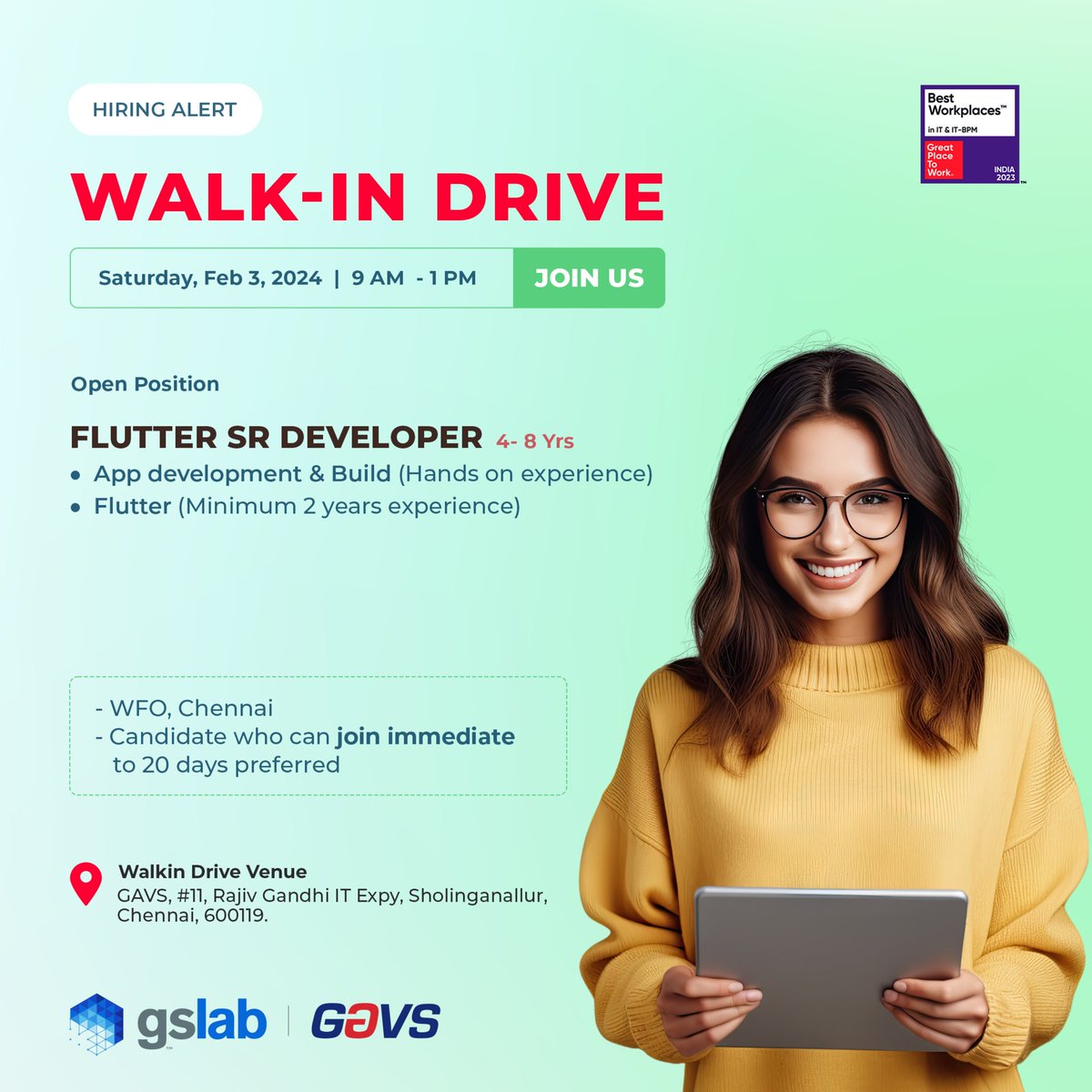 insideneurealm's tweet image. Join us at our #WalkinDrive in Chennai on Saturday, Feb 3, 2024 (9 AM - 1 PM) for immediate to 20 days joiners.

Explore a dynamic career in Flutter development and be a part of our innovative team. 

#FlutterDeveloper #AppDevelopment #Build #ChennaiJobs #WalkinDrive