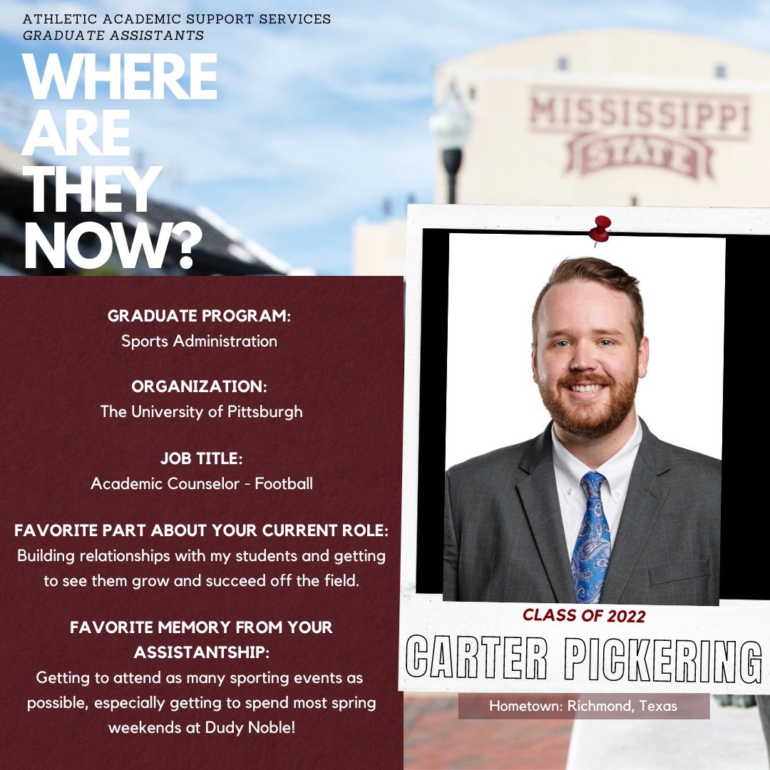 MSU Athletic Academics (@hailstatestudy) on Twitter photo GA Where Are They Now, Part 12:
<a href="/CarterPickering/">Carter Pickering</a>
Carter is making us proud at <a href="/Pitt_ATHLETICS/">Pitt Panthers</a> as an Academic Counselor with Football. Thank you for the dedication to your work here during your time at State. We are so happy to see you continue in your success! 🐾
#HailState GA Where Are They Now, Part 12:
<a href="/CarterPickering/">Carter Pickering</a>
Carter is making us proud at <a href="/Pitt_ATHLETICS/">Pitt Panthers</a> as an Academic Counselor with Football. Thank you for the dedication to your work here during your time at State. We are so happy to see you continue in your success! 🐾
#HailState