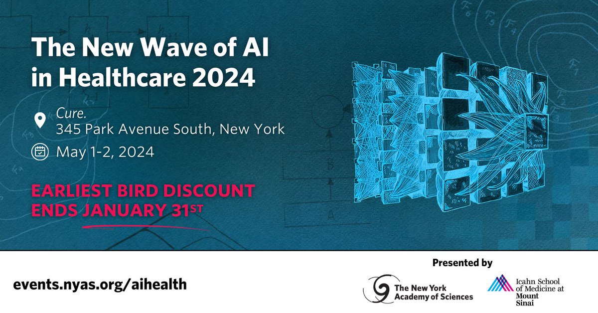AI has changed how patients, doctors, & researchers interact - so what's next? Register for the New Wave of AI in Healthcare & learn about the next frontier of #machinelearning in medicine. Last day for 30% off tickets! @NYASciences #NewWaveAIHealth 

🔗events.nyas.org/aihealth