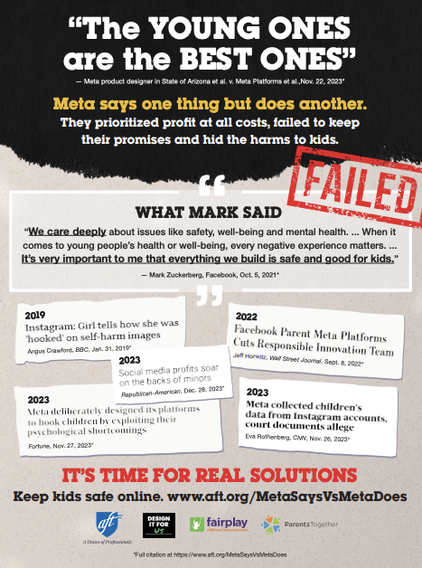 Ahead of the Big Tech hearing in DC today, we're running print and online ads calling on Big Tech to do more to protect kids. Sign the petition --> aft.org/MetaSaysVsMeta…