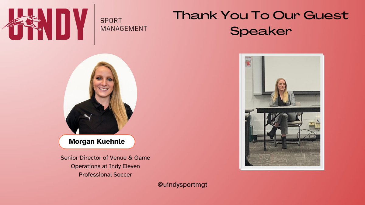 Sport Management @UIndy (@uindysportmgt) on Twitter photo A special thank you to Morgan Kuehnle from <a href="/IndyEleven/">Indy Eleven</a> for speaking at <a href="/DrJenVanSickle/">Jennifer VanSickle</a>'s KINS 355 class! Our students are looking forward to working with you on game days!
#uindysportmgt #uindy A special thank you to Morgan Kuehnle from <a href="/IndyEleven/">Indy Eleven</a> for speaking at <a href="/DrJenVanSickle/">Jennifer VanSickle</a>'s KINS 355 class! Our students are looking forward to working with you on game days!
#uindysportmgt #uindy