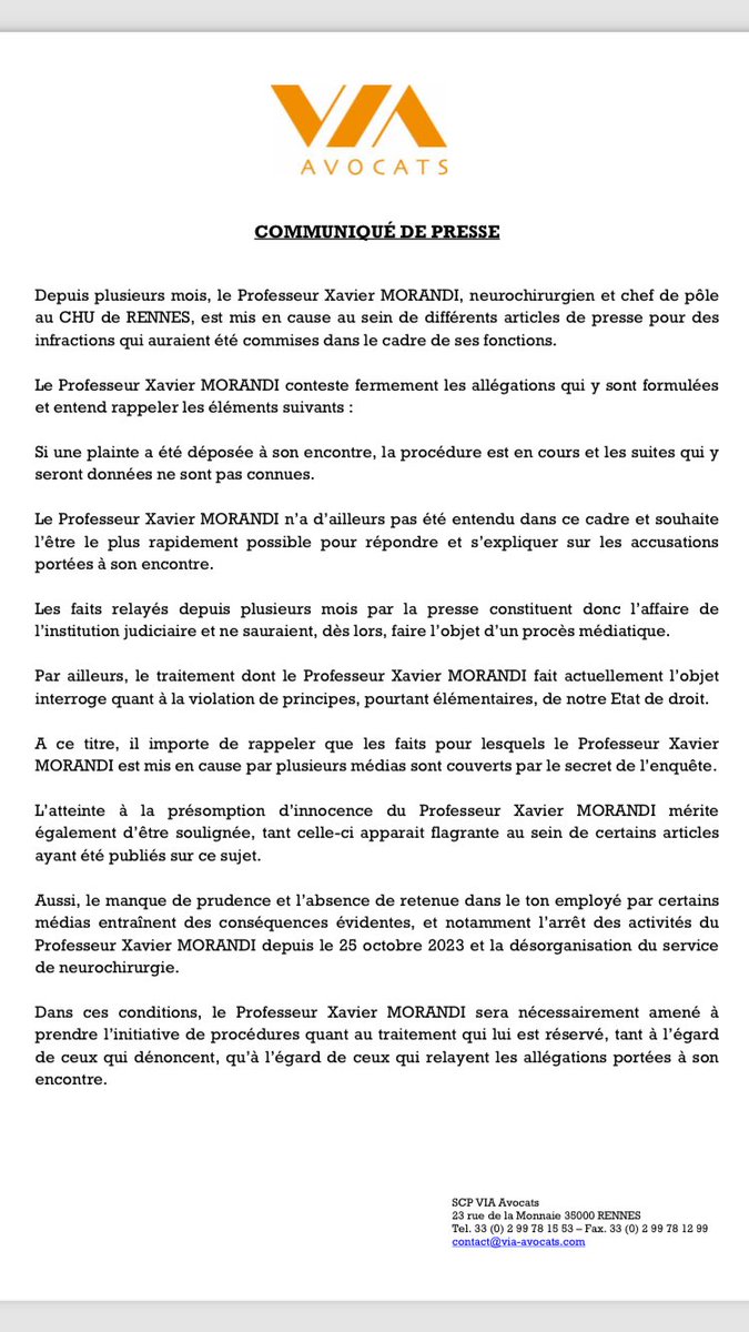 <a href="/ParisMatch/">Paris Match</a> Vendredi, l’avocat du Pr Morandi avait démenti les « allégations » de la presse. Une tentative selon certains des collègues du neurochirurgien de « museler la parole. » 
L’ancien chef de service est, bien sûr, présumé innocent. Il sera prochainement entendu par la police.
- FIN.
