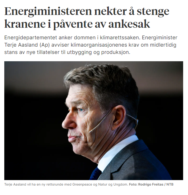 Mange forsvarer mer norsk olje med at den er demokratisk.

Men hvor demokratisk er det at vi har en oljeminister som rett ut sier han vil kjøre over Oslo tingretts dom i #klimasøksmålet.

For meg høres det temmelig diktatorisk ut🤔
aftenbladet.no/okonomi/i/kElJ…