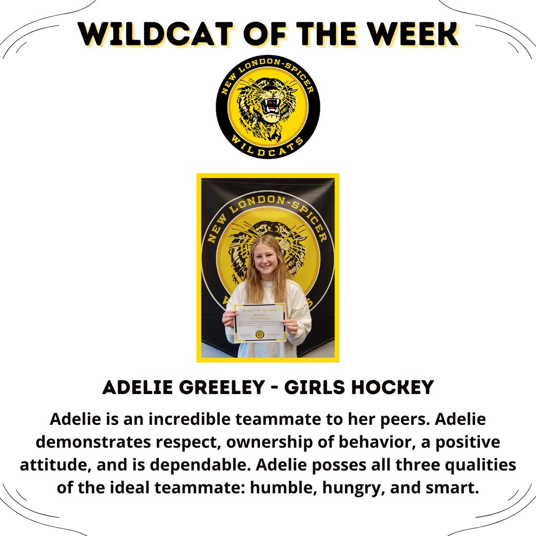 Adelie, girls hockey, is this week's Wildcat of the Week.  Congrats Adelie!  #NLSWildcats #RLStars <a href="/RiverLakes_GH/">River Lakes GH</a>