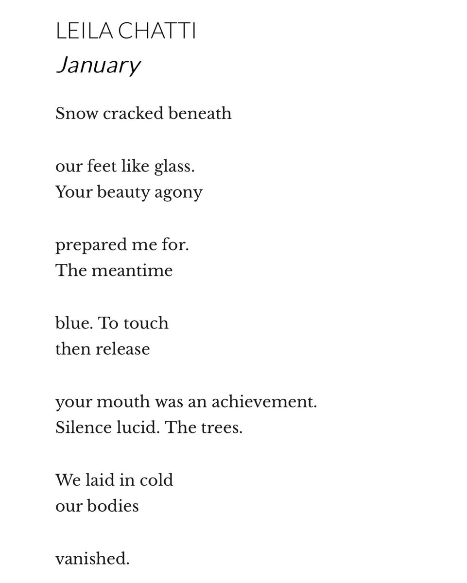 laypay's tweet image. Happy end of January! I have a teensy poem up at @poetrynw, one of my favorite journals. 🤍 Sincere gratitude to the editors! ❄️
poetrynw.org/leila-chatti-j…