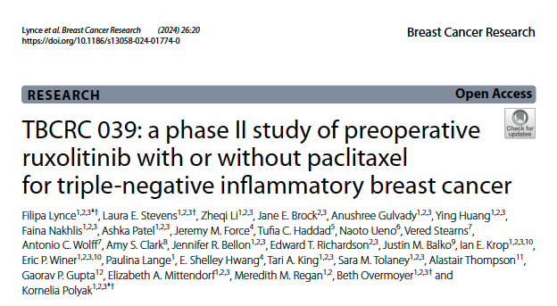 We are thrilled to see our IBC clinical trial study is officially out in @BCRJournal. We found the use JAK1/2 inhibitor Ruxolitinib in TN-IBC resulted in decreased pSTAT3 but lack of clinical benefits. Comb with immunotherapy may need to be considered. …ast-cancer-research.biomedcentral.com/articles/10.11…
