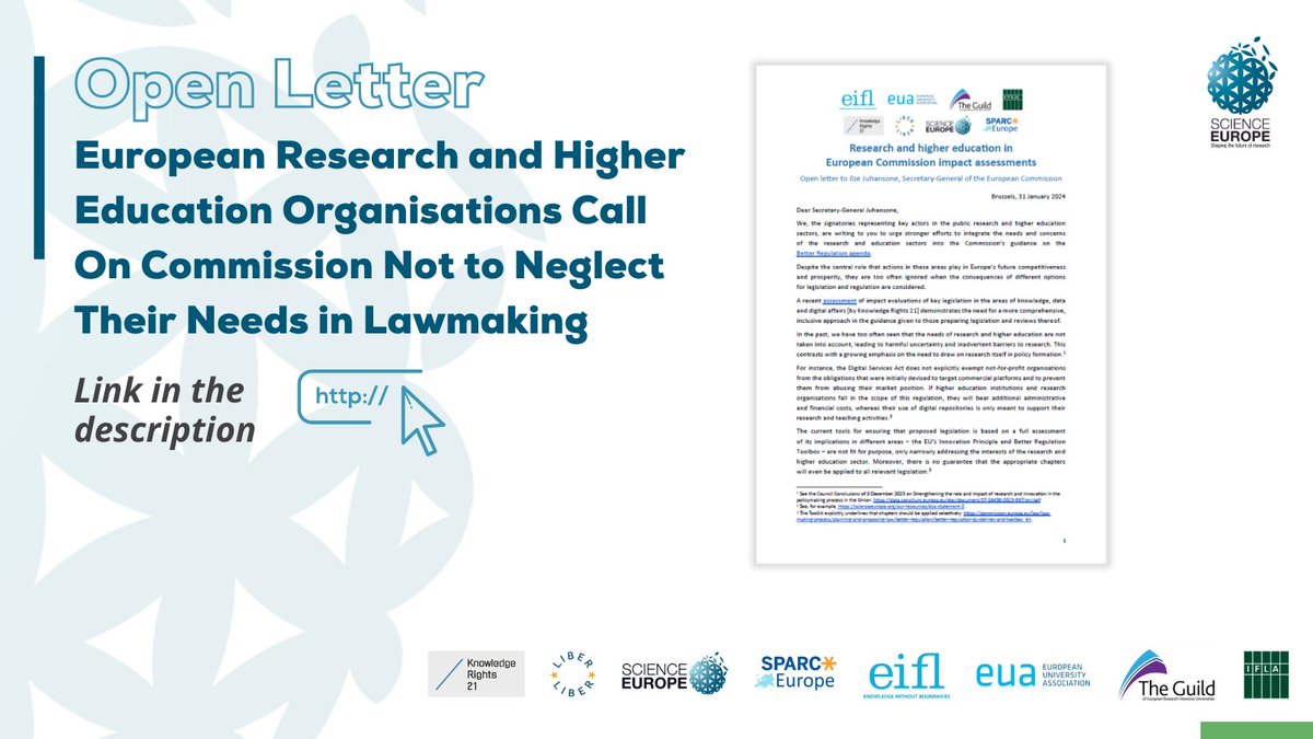 1/🖋 In an open letter addressed to @EU_Commission Secretary-General, Ilze Juhansone, 8 #research & #highereducation organisations, including Science Europe, call on the Commission to better consider the sector’s needs when developing legislation. 🔗 bit.ly/3OppQMX 📰