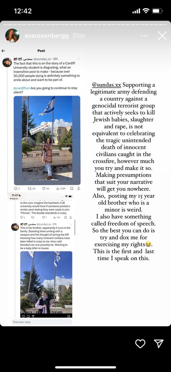 BLMCardiff's tweet photo. This @cardiffuni student has travelled to Israel and taken pictures with the IDF, an armed forces that are currently being investigated for genocide by the highest court in the world. 

Yet when students, Palestinian and other, wish to raise awareness of the genocide currently /1 https://t.co/KEL4cggdRV