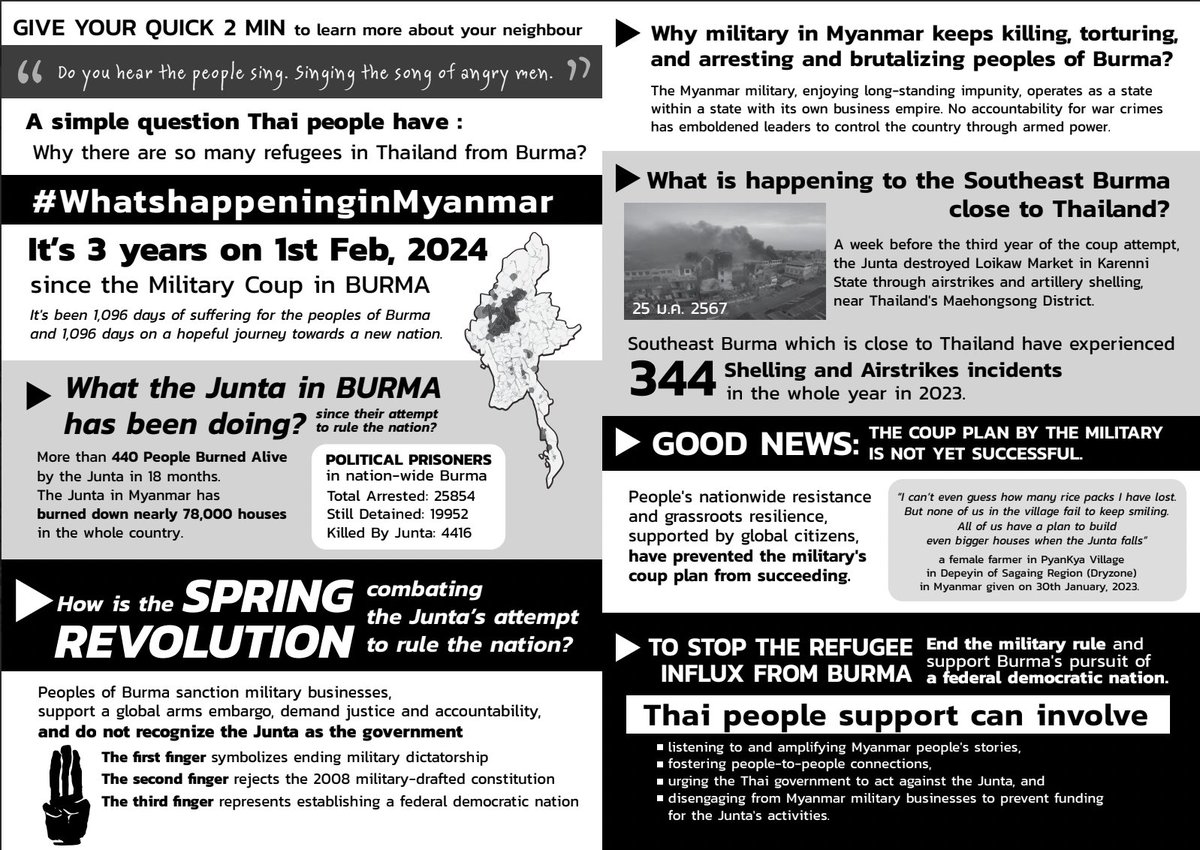🌻#WhatsHappeningInMyanmar? 

1,096 days under brutal horrors, yet also on a hopeful journey.

Read this 2-minute brief to catch up on #Burma updates ahead of the 3rd anniversary of the #SpringRevolution against the military's attempt to rule the nation.

#Thailand4Burma