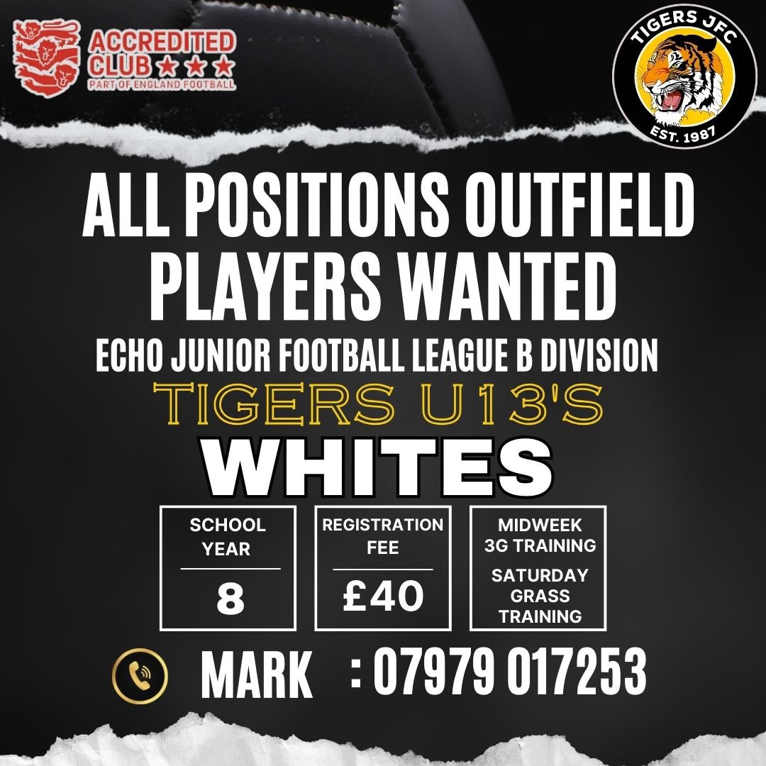 Tigers U13’s Whites are looking for new players for the remainder of this season and looking ahead for the 24/25 Season. Currently playing in the @echoleague B Division so if you would like to attend a training session then give Mark a call. #TigersJFC