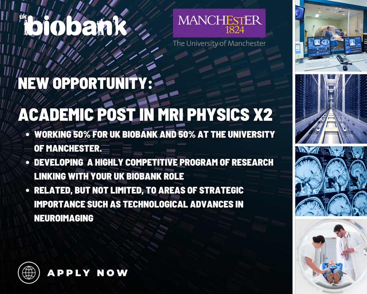 Want to work on the largest imaging project in the world? Come and join us! 2 permanent academic posts in MRI physics in partnership between the @OfficialUoM and @uk_biobank Apply here (deadline 28 Feb): jobs.manchester.ac.uk/Job/JobDetail?…
