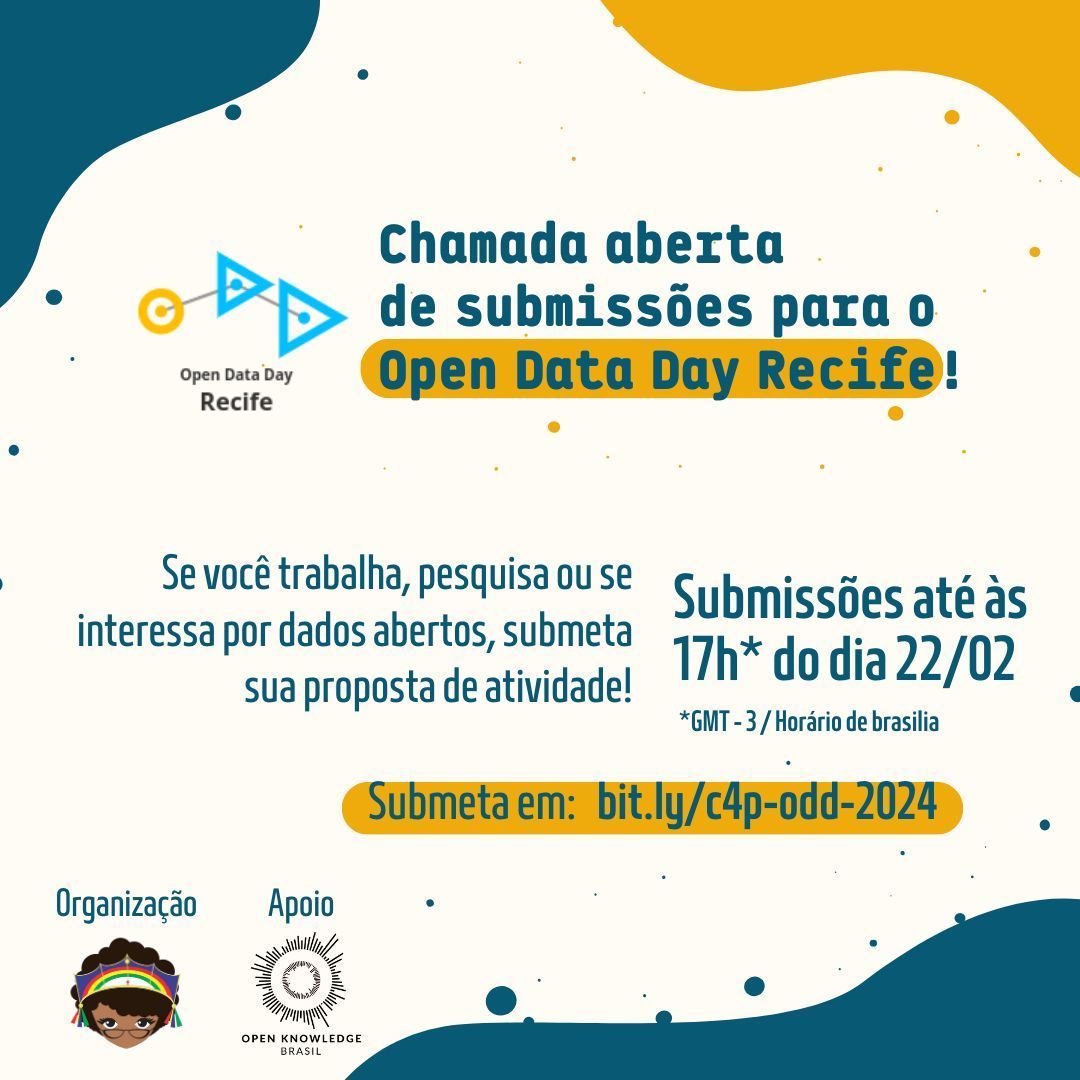 🗓️❗️C4P - OPEN DATA DAY 2024❗️ 🗓️

A Open Knowledge Brasil, em parceria com as PyLadies Recife, promoverá mais uma edição do Open Data Day 2024. 

🔔 As submissões vão até o dia 22 de fevereiro às 17h (GMT-3) e podem ser realizadas através do link:  bit.ly/c4p-odd-2024