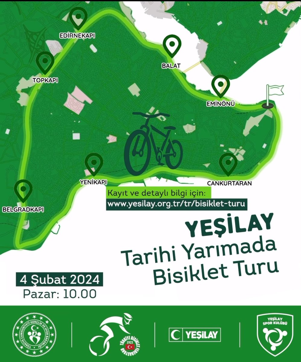Türkiye Bisiklet Federasyonu ile Türkiye Yeşilay Cemiyeti ve Yeşilay Spor Kulübü’nün iş birliğiyle düzenlenecek olan “Yeşilay Tarihi Yarımada Bisiklet Turu” 4 Şubat 2024 tarihinde gerçekleştirilecektir.