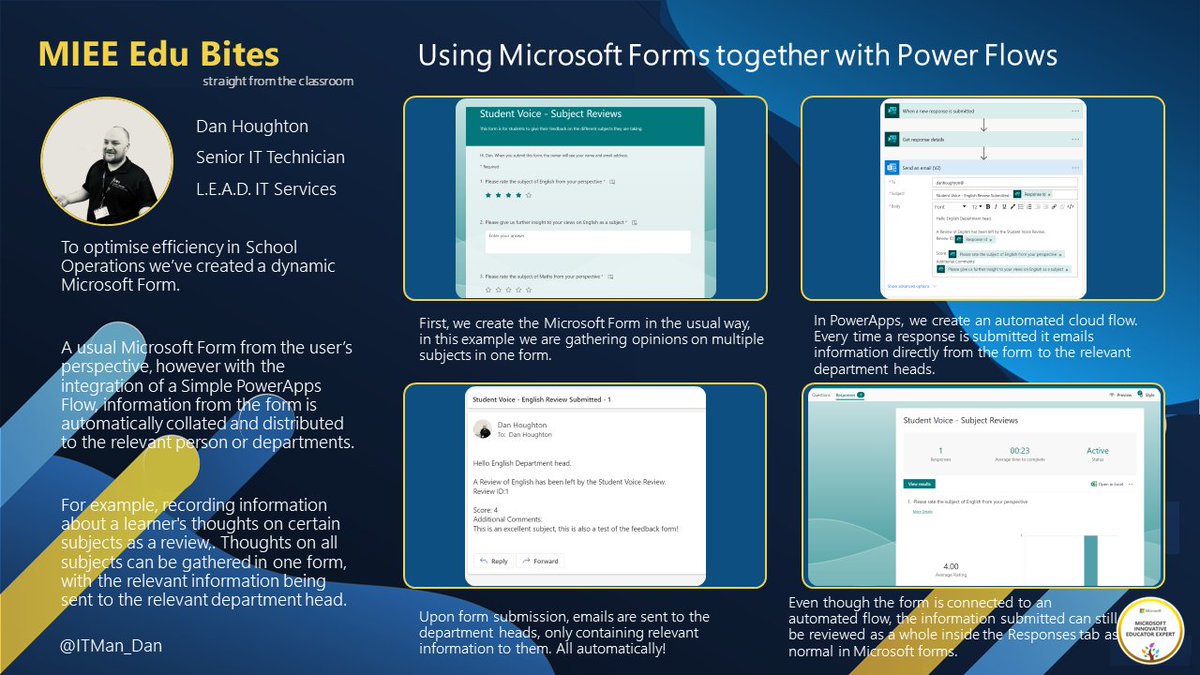 Love a good #Edubite. A review of creating a dynamic Microsoft Form, that automatically emails relevant information from the form, securely to the correct people or dept. Perfect for student voice reviews on subjects. @MSEducationUK @leadictservices #MIEExpert #TeamMIEEngland