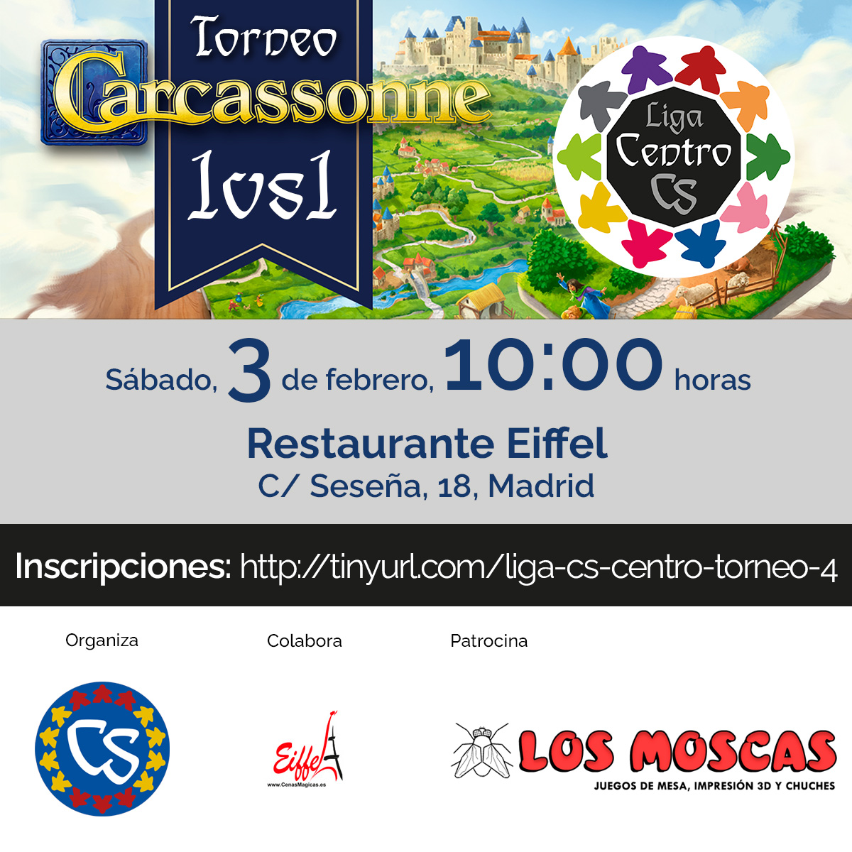 ¡ÚLTIMA LLAMADA! 📢
¿Aún no te apuntaste al 4º torneo de la #LigaCSCentro? <a href="/MagiaEiffel/">Restaurante Eiffel</a> nos acoge una vez más para celebrar un gran evento carcassonnero ❤️.
🗓 3 de febrero
⏰ 10.00 h.
📌 Restaurante Eiffel
🏆 Suizo 1vs1 + playoffs (juego básico)
✏️tinyurl.com/liga-cs-centro…