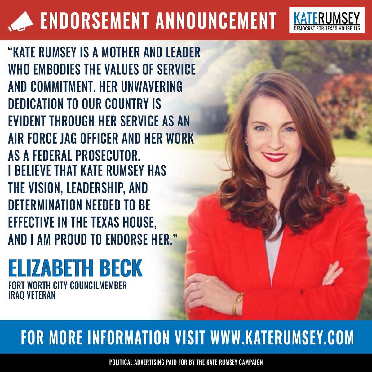 Thank you Councilwoman Beck! Appreciate the strong endorsement from a fellow service member and mom. #hd115 #katefortexas #northtexas #servicebeforeself