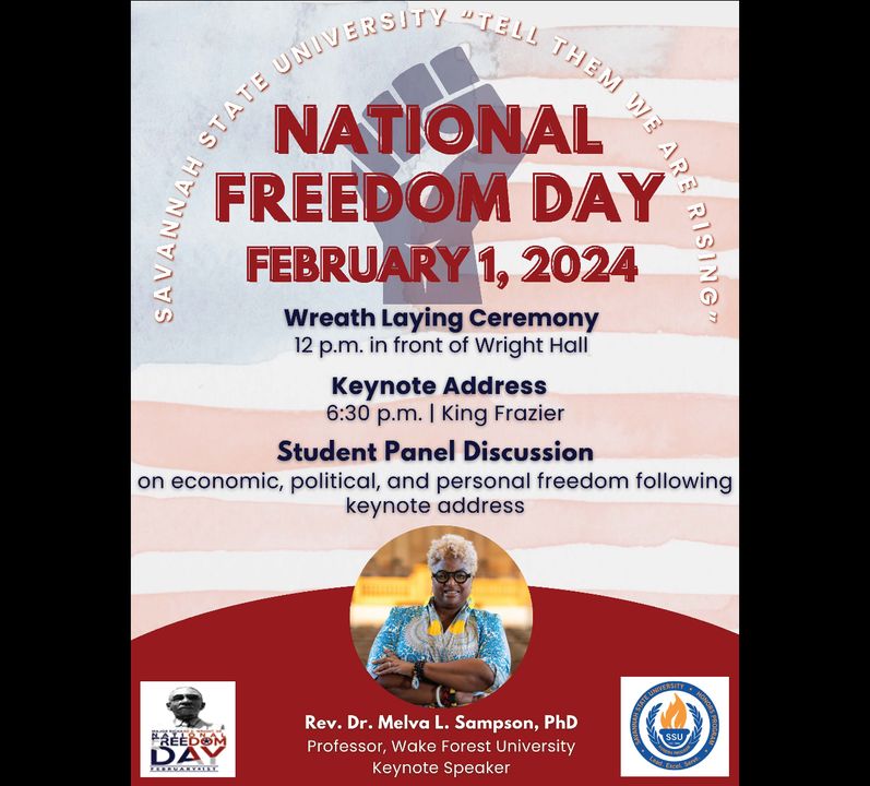 Tigers: National Freedom Day is Feb. 1! Come out and join the celebration on campus. 'Tell them we are rising!' Details at bit.ly/42cuRxW Free and open to the public. #NationalFreedomDay #HBCUproud #SSUTigers #Savannahga