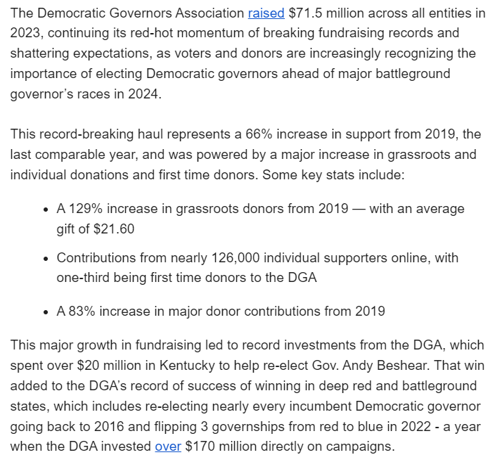 INBOX: The Democratic Governors Association raised $71.5 million across all entities in 2023, more than $20 million of which was spent in Kentucky to help re-elect Gov. Andy Beshear. #kygov