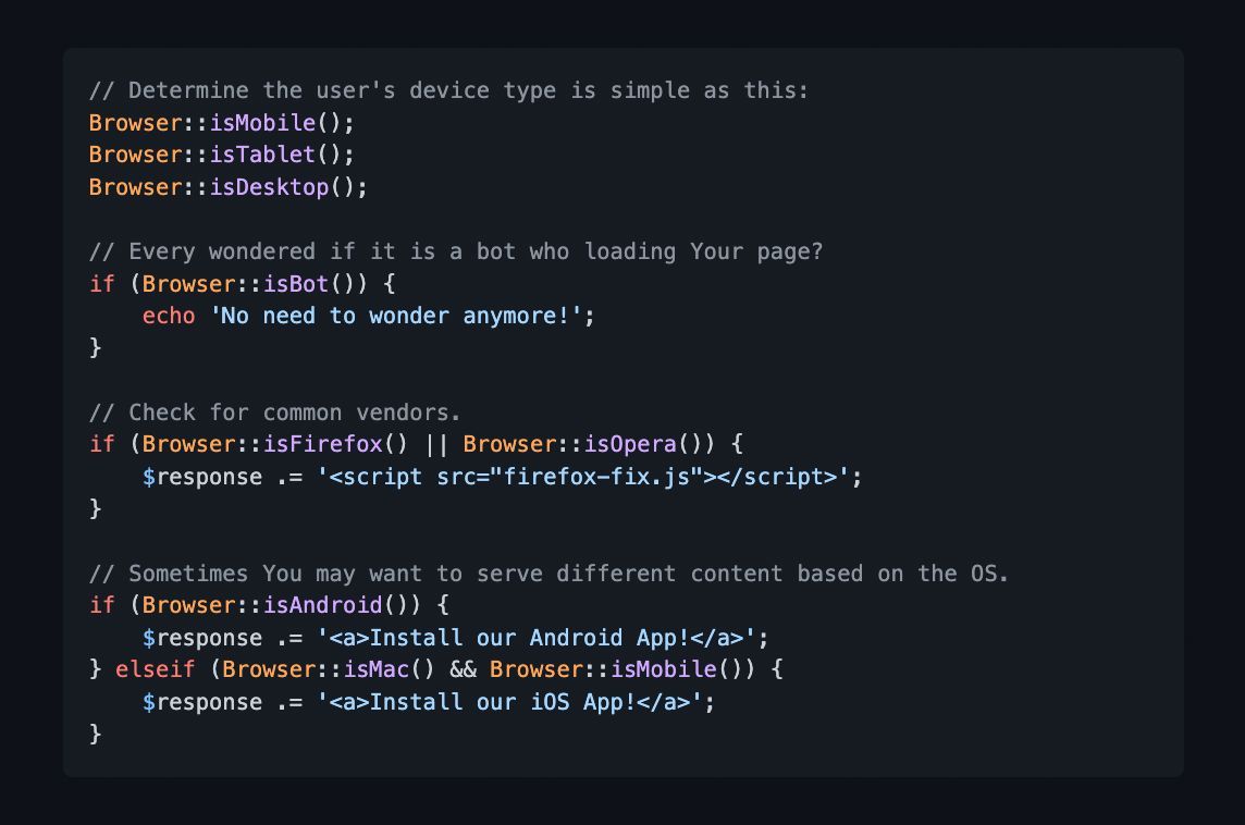 MadeWithLaravel's tweet photo. Browser Detect is an easy to use package to identify the user's browser details and device type 💻📱 - https://t.co/Fz5jWn3Lw1 https://t.co/oZmT7udw7L