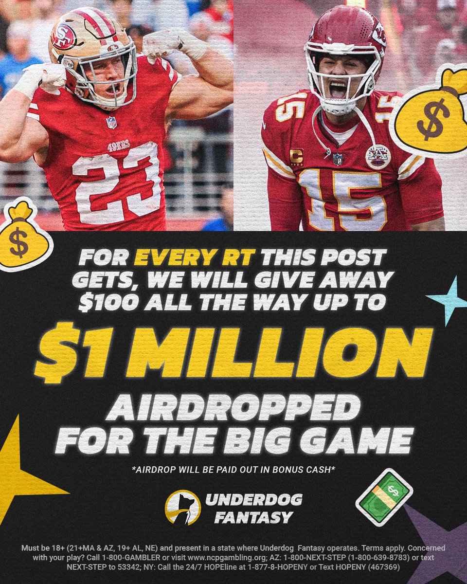 💸🏆 The Big Game Airdrop 🏆💸 For every RT this post gets, we will give away $100.... up to $1,000,000 💰 Airdrops will happen throughout the day on Sunday. You have until tomorrow at noon to get us to $1,000,000 ⏲️