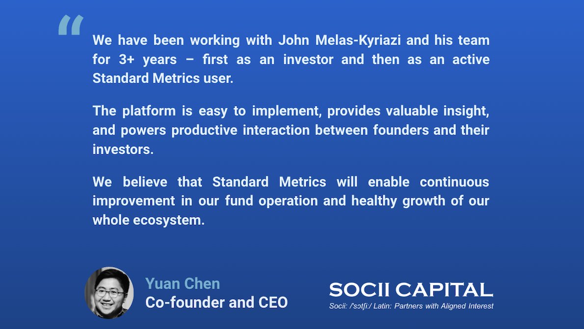 John Melas-Kyriazi (@jmelaskyriazi) on Twitter photo Please join us in welcoming <a href="/sociicapital/">Socii Capital</a> to our roster of clients at <a href="/metrics_co/">Standard Metrics</a>!
Socii Capital recently launched their latest fund, and they selected Standard Metrics to help manage their growing portfolio. We're honored to partner with them on this journey. Please join us in welcoming <a href="/sociicapital/">Socii Capital</a> to our roster of clients at <a href="/metrics_co/">Standard Metrics</a>!
Socii Capital recently launched their latest fund, and they selected Standard Metrics to help manage their growing portfolio. We're honored to partner with them on this journey.