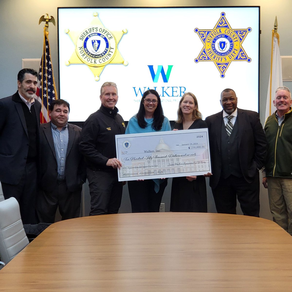 On Wednesday I presented a check for funding I secured in the annual State Budget to support Walker Therapeutic and Educational Programs, joining with @NorfolkSheriff Pat McDermott and Suffolk County Sheriff @stevenwtompkins at the Norfolk County Sheriff's Office in Dedham.