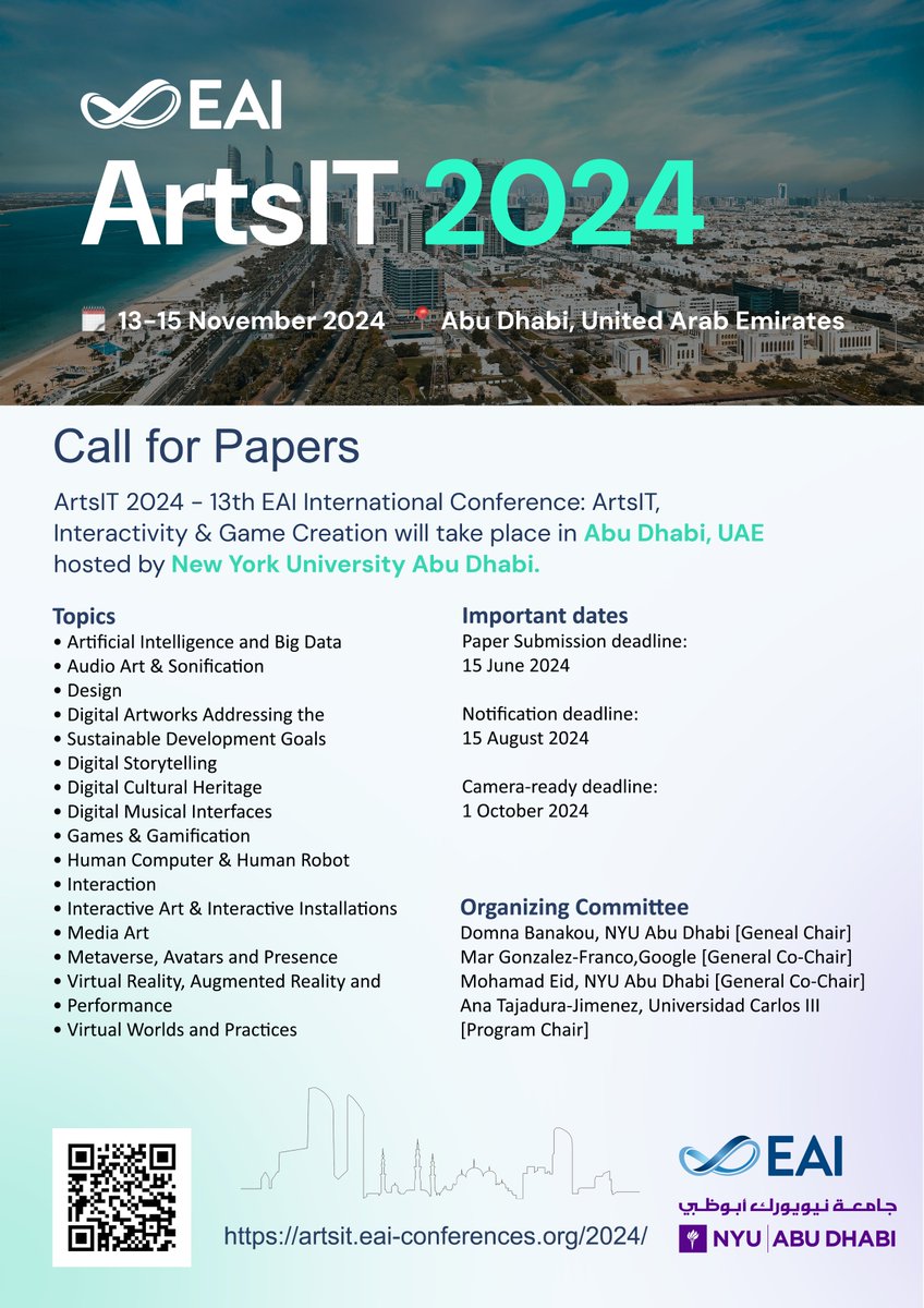 Domna Banakou (@domnaban) on Twitter photo 📢 The Call for Papers/Posters/Demos for ArtsIT2024 scheduled for November 2024 at <a href="/NYUAbuDhabi/">NYU Abu Dhabi</a> is now open! Check topics and important dates👇 #CallForPapers #conference #art #technology #design #gamedev #VR #AI artsit.eai-conferences.org/2024/ <a href="/EAI_Social/">European Alliance for Innovation - EAI</a> 📢 The Call for Papers/Posters/Demos for ArtsIT2024 scheduled for November 2024 at <a href="/NYUAbuDhabi/">NYU Abu Dhabi</a> is now open! Check topics and important dates👇 #CallForPapers #conference #art #technology #design #gamedev #VR #AI artsit.eai-conferences.org/2024/ <a href="/EAI_Social/">European Alliance for Innovation - EAI</a>