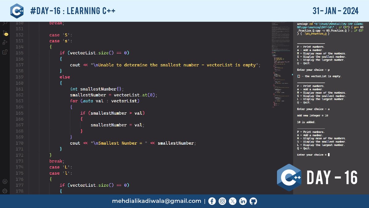 mehdiali_mk's tweet image. DAY – 16: Learning C++

- Infinite Loops.
- Nested Loops

Github Link: github.com/mehdiali-mk/cp…

LinkedIn: linkedin.com/in/mehdiali-mk/
Instagram: instagram.com/mehdiali_mk/

#cplusplus #cpp #codingincplusplus #cplusplusprogramming #cppdeveloper #cpluspluscommunity #cpluspluscode