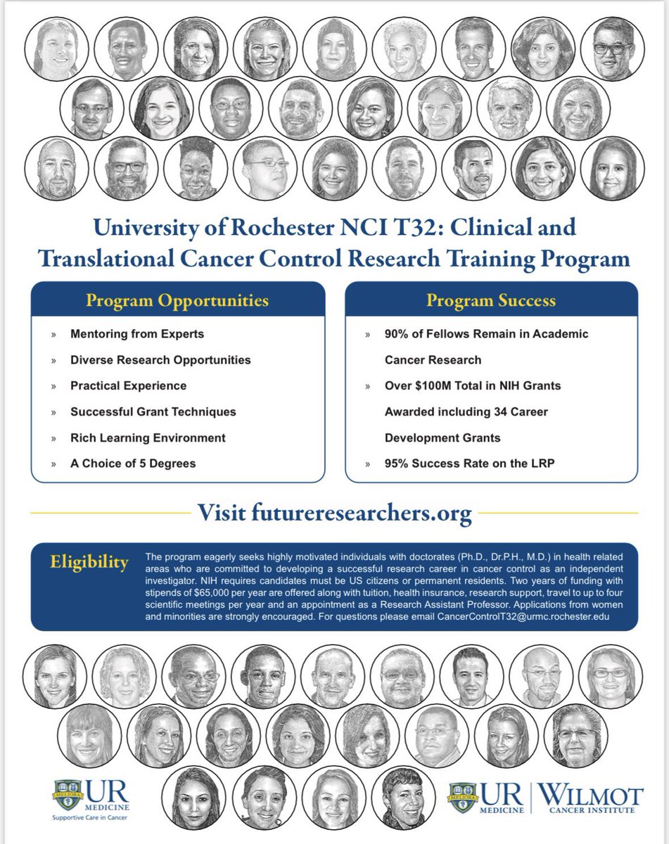 We are still accepting applications for our longstanding NCI-funded postdoctoral program in cancer control research. We will start interviewing late Feb! If interested please send your CV & research statement to cancercontrolT32@urmc.rochester.edu. @WilmotCancer @URochesterSurg