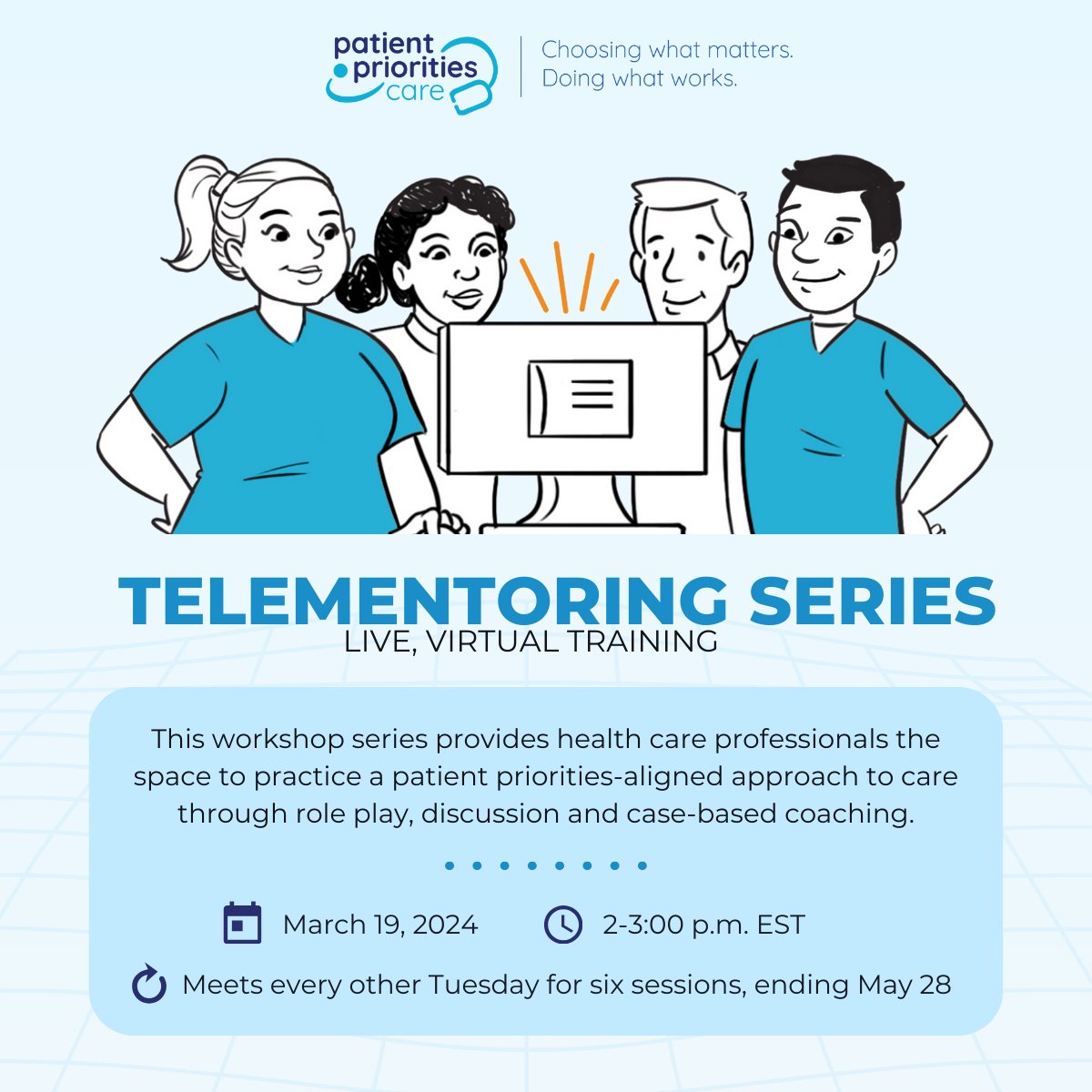 Our next live, telementoring workshop series begins March 19! Will you join us to learn about a systematic, Age-Friendly approach to providing patient priorities-aligned care? Register now: app.smartsheet.com/b/form/1995b53… @johnahartford