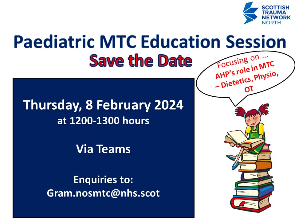 Don't miss out on the next education session from our Paediatric MTC on 8th Feb at 12-13.00 @NHSGrampian @NHSHighland @ChildrenUnit @NoS_MTC @NHS_Shetland @NHSOrkney @NHSWI @ScotTraumaNwk