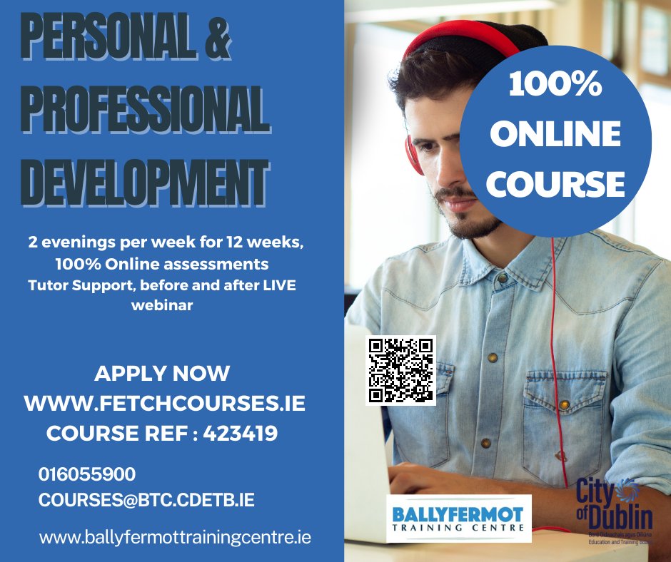 *** LIMITED PLACES Available  
STARTS  12th FEBRUARY 2024
 SUBSIDISED TRAINING - ADMIN FEE €30.00  
* 2 evenings per week for 12 weeks
* 100% Online assessments
* half an hour tutor support before and after.
#SKILLSTOADVANCE #THISISFET #CITYOFDUBLINETB