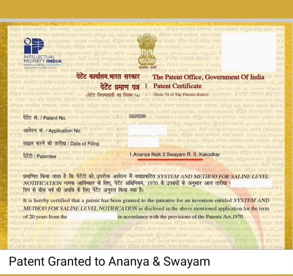 VijaiSardesai's tweet photo. CONGRATULATIONS! To both Ananya Naik and Swayam Kakodkar for securing a patent for their invention titled ‘System and Method for Saline Level Notification’ by the Patent Office, Govt of India. @GovtofGoa must create the right environment, and offer constant encouragement to match the enthusiasm of such sparkling minds so that #Goa throws up even more inventors and innovators that can take Goa forward with their imagination and creativity.