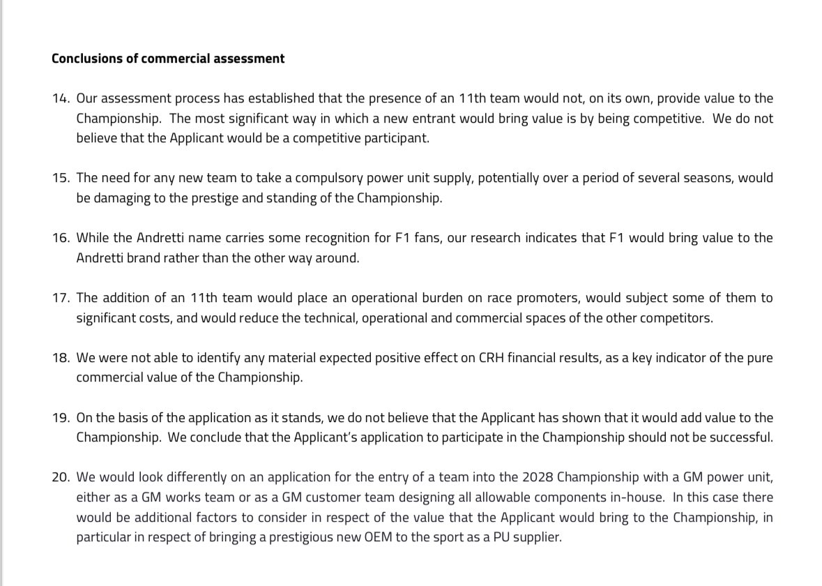 Andretti’s bid to join the F1 Grid for 2025 or 26 (approved by the FIA) has been rejected by the commercial rights holder. Conclusions of F1’s report are below - door remains open for joining in 2028