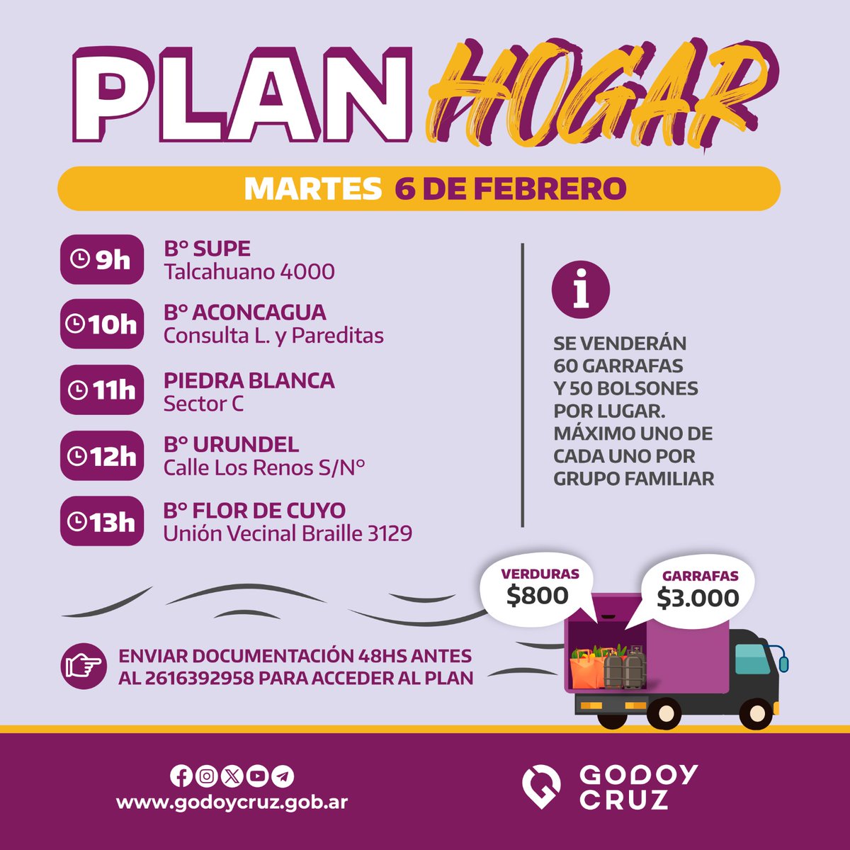 MuniGodoyCruz's tweet photo. 📍 Seguí el recorrido del #PlanHogarGC por Godoy Cruz. ✅ Podés acceder a:
👉🏼 Bolsón de verduras
👉🏼 Garrafa
📲 Más info: https://t.co/micEbk9f0r https://t.co/3tEq3dF8No