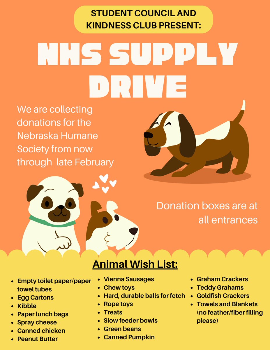 Student Council and Kindness Club are hosting a supply drive for the @NEHumaneSociety! See the flyer to help our furry and feathery friends!