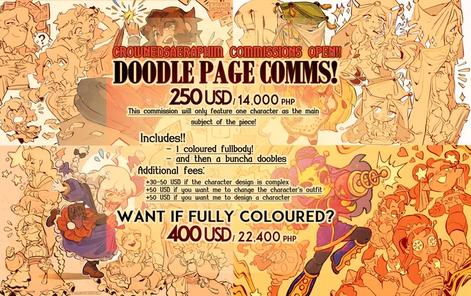 Comms are open!!
This time I'll be offering doodle page comms!
5 slots!
I'll keep them open for a week or until slots fill up!
(I will reply to everyone on fri-sat!)

Feel free to dm me here on twt
Payment through paypal! 