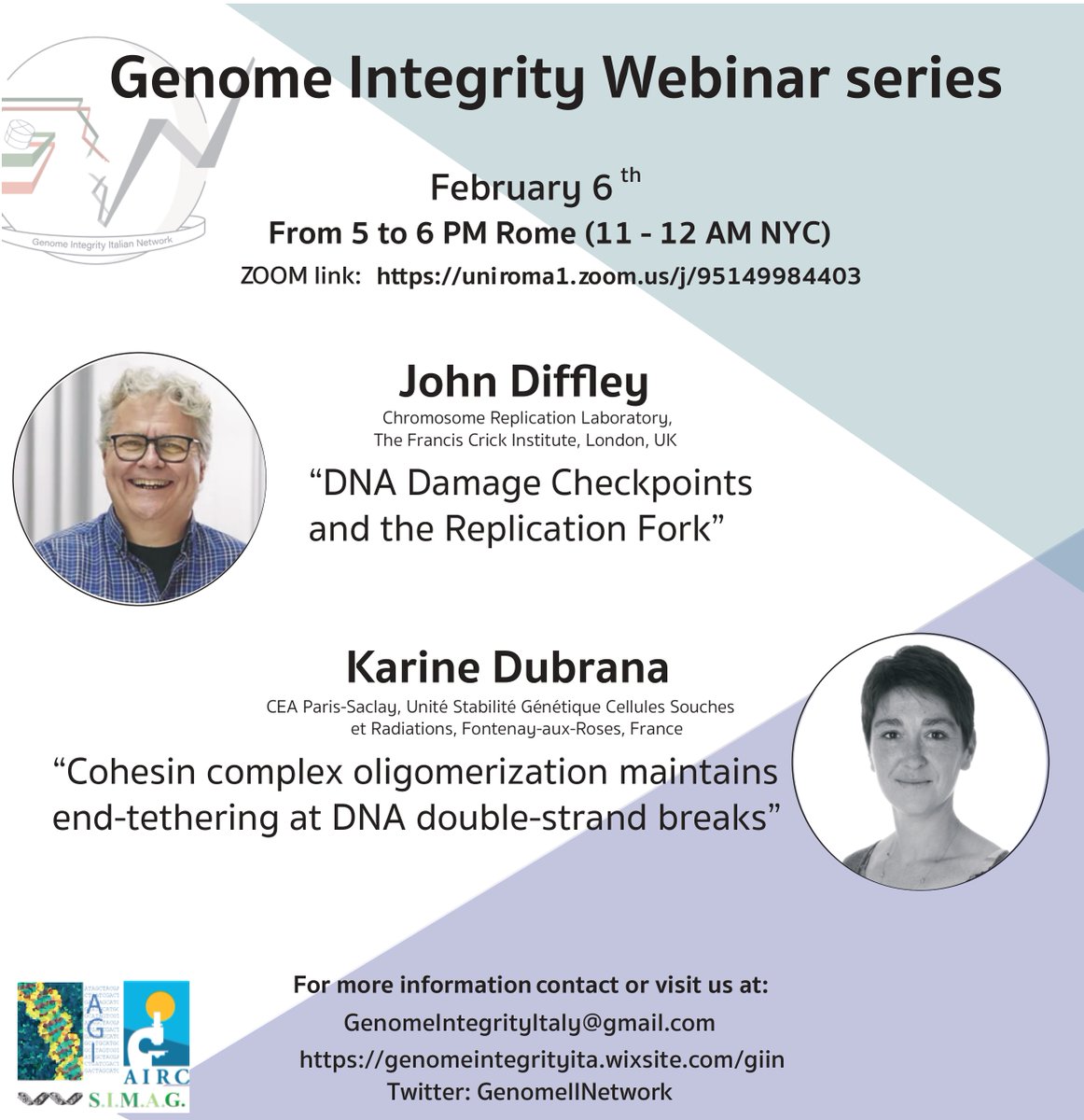 The next GiiN seminar will take place Tuesday February 6th, from 5 to 6 PM Rome Time (11 - 12 AM NYC Time) with great speakers John Diffley @DiffleyLab and Karine Dubrana. Join us! Link: uniroma1.zoom.us/j/95149984403