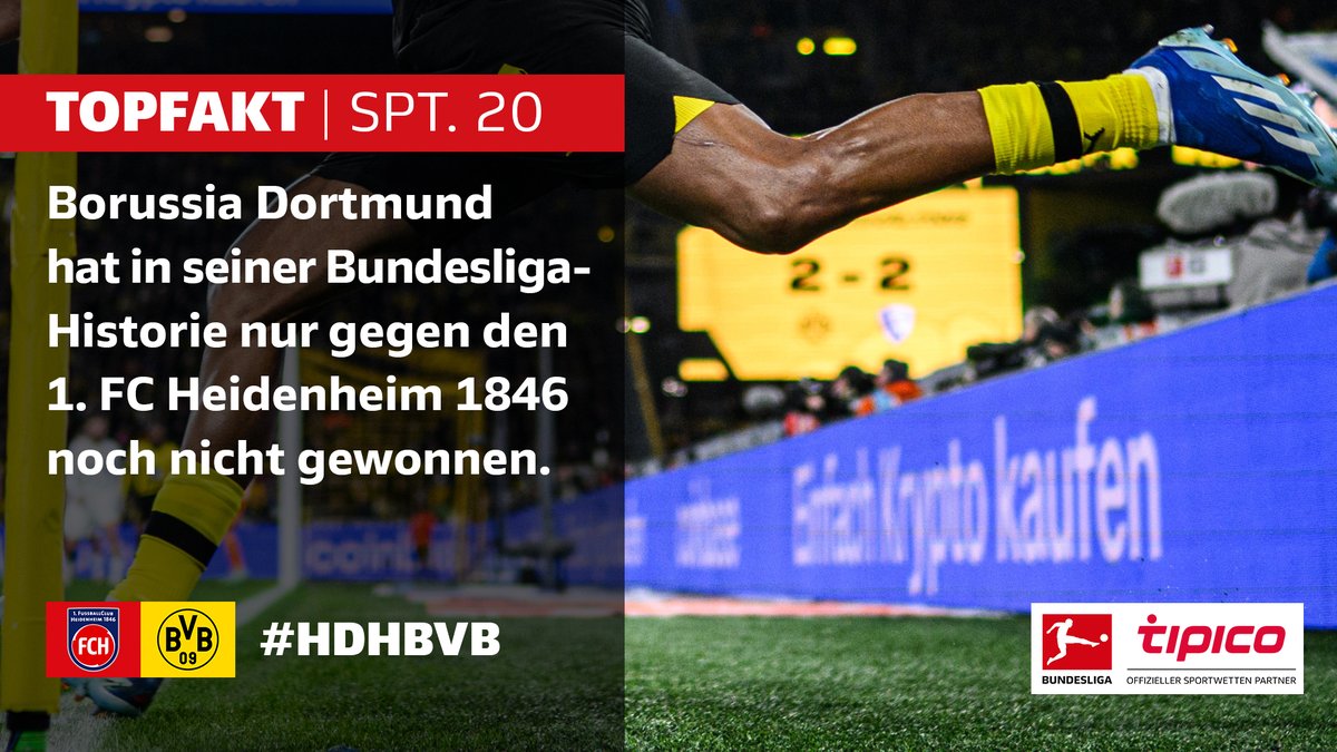 💡 @Tipico_de-#Topfakt: Schließt Borussia Dortmund (@bvb) am Freitagabend beim 1. FC Heidenheim 1846 (@fch1846) eine Erfolgslücke? 🤔

Die besten Fakten zum 20. #Bundesliga-Spieltag➡️ bundesliga.com/de/bundesliga/…