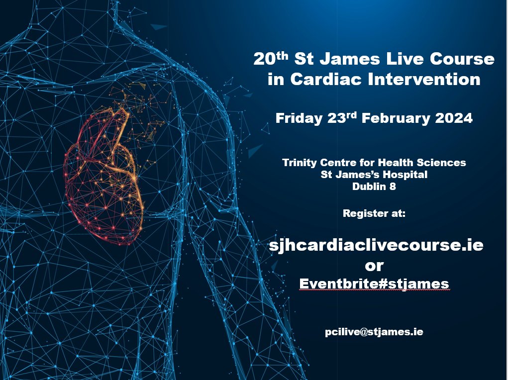 We are pleased to announce the date for the 20th St James Live Course in Cardiac Intervention to be held February 20th 2024. Registration via Eventbrite link: eventbrite.ie/e/20th-interna…