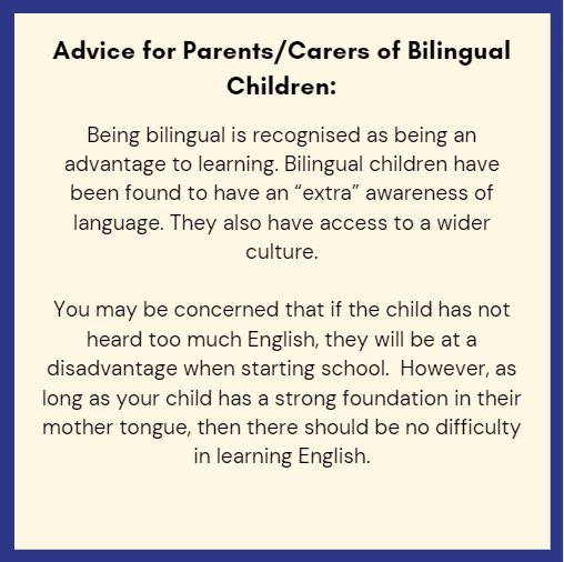 CLCHBrentSLT's tweet photo. A child is bilingual when they are able to use and understand 2 languages. Bilingualism is not a language problem. When children have a language difficulty, they will have difficulties in BOTH languages. Read this post for some advice. 💬 #LanguageLearning #bilingualism https://t.co/sZzT6dXDJk