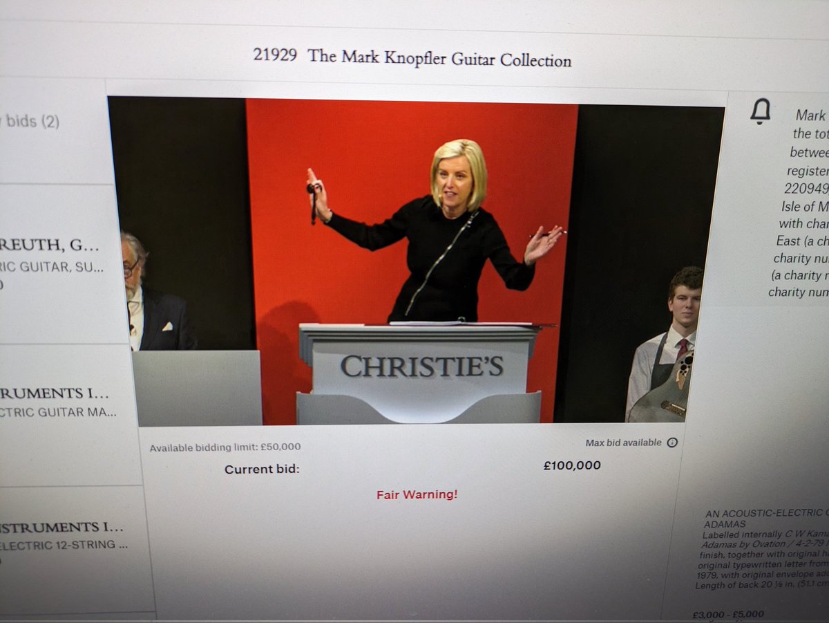I think Mark Knopfler is buying dinner tonight. This Christie's guitar auction right now is INSANE!!! <a href="/ChristiesInc/">Christie's</a> <a href="/MarkKnopfler/">Mark Knopfler</a> ❤️
