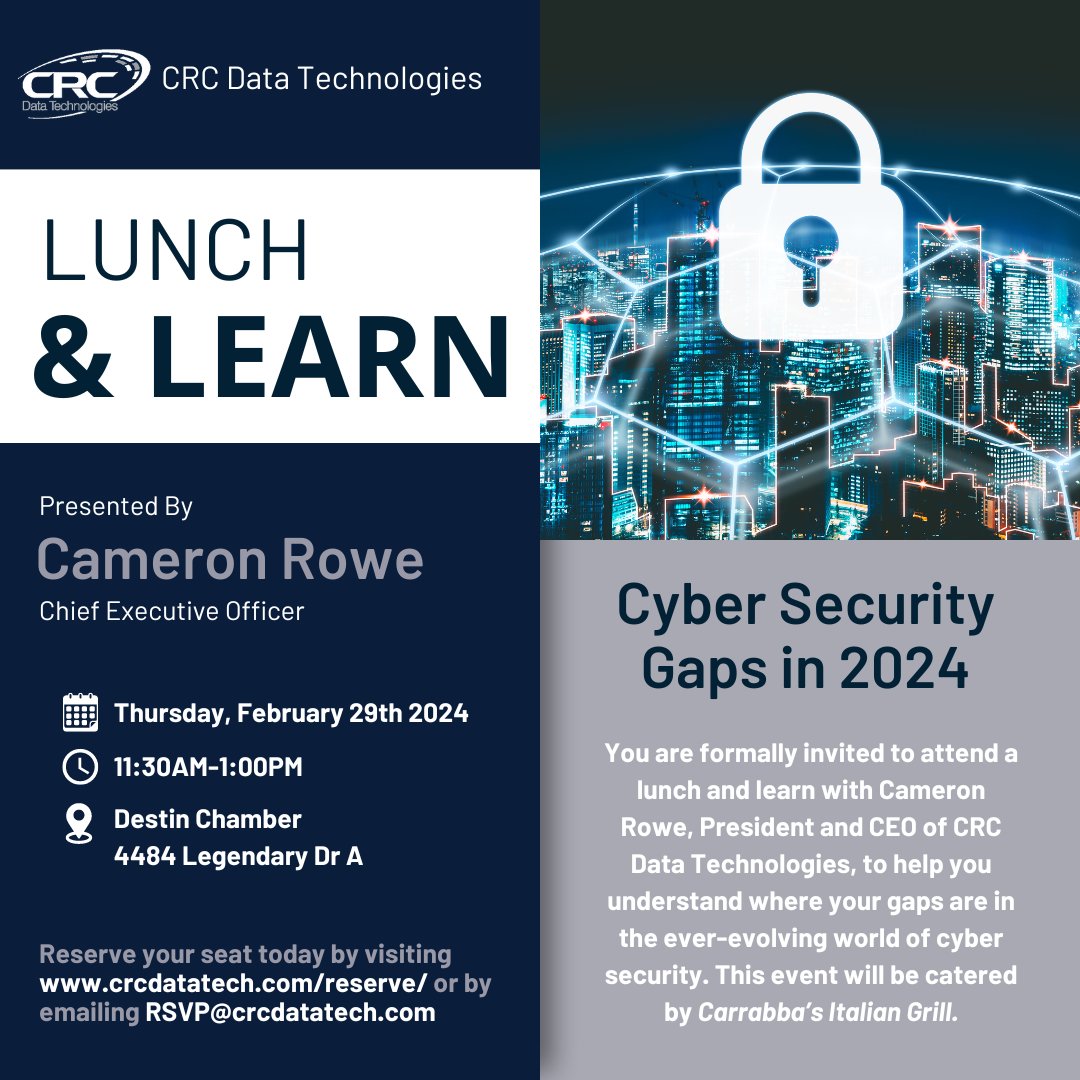 crcdatatech's tweet image. On February 29th we will be hosting a lunch and learn at the Destin Chamber to discuss recent cybersecurity gaps and to introduce our advanced security offerings for 2024. 

This seminar will be beneficial to both prospective and current customers, we hope to see you there!
