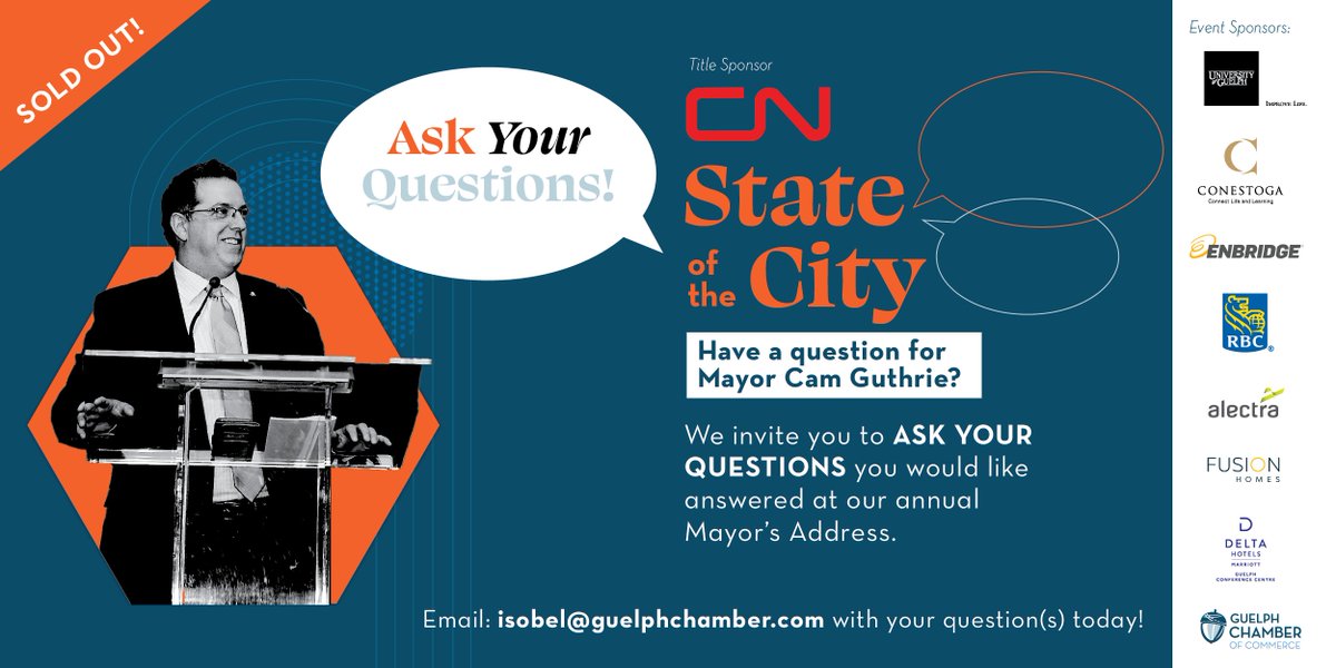 GuelphChamber's tweet photo. 🗨️Send us your questions you would like to ask Mayor @CamGuthrie at our upcoming #stateofthecityaddress next week.🗨️
Email: isobel@guelphchamber.com with your questions you'd like answered, today! https://t.co/aW48FsWvJU
