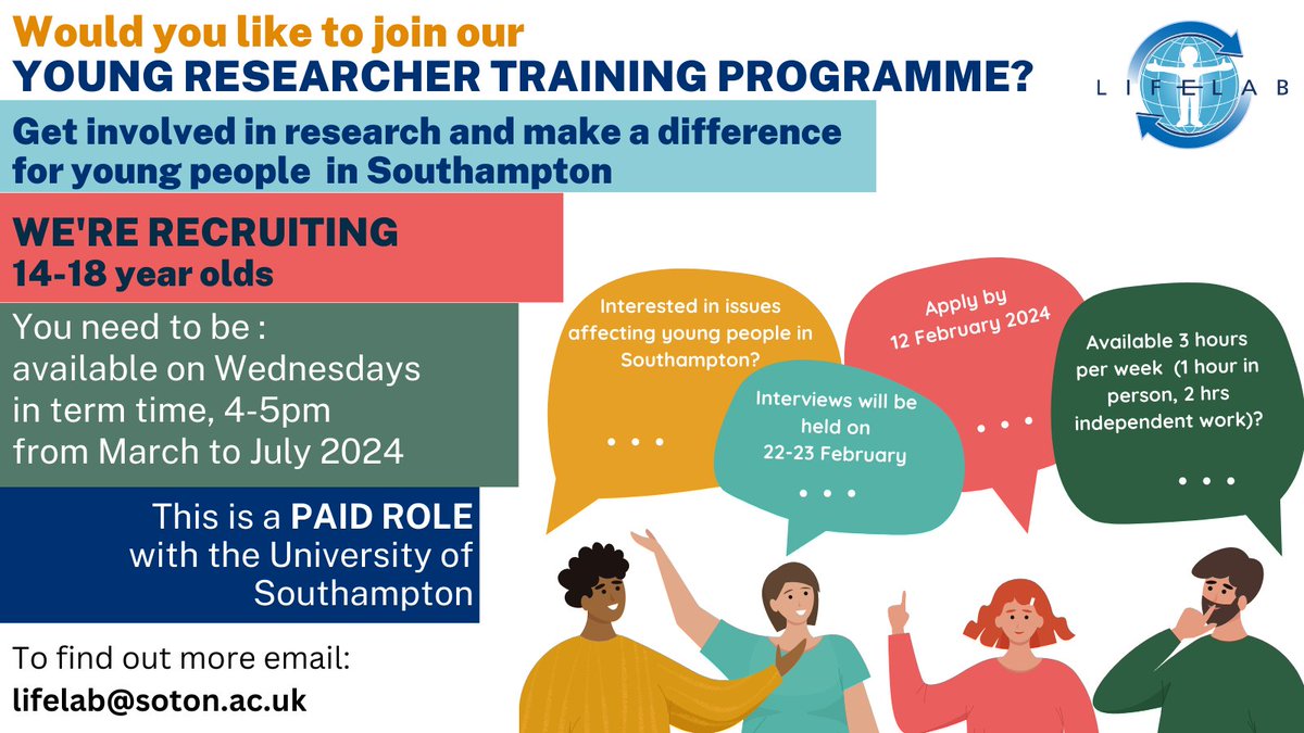 LifeLab (@lifelabsoton) on Twitter photo Interested to make a difference to young people in #Southampton? We're looking for 14-18 year olds to apply for paid work with us <a href="/unisouthampton/">University of Southampton</a>. Get involved in research and explore youth issues.
Apply by Mon 12 Feb at bit.ly/YRTPApplication
#workexperience #WeAreUoS Interested to make a difference to young people in #Southampton? We're looking for 14-18 year olds to apply for paid work with us <a href="/unisouthampton/">University of Southampton</a>. Get involved in research and explore youth issues.
Apply by Mon 12 Feb at bit.ly/YRTPApplication
#workexperience #WeAreUoS